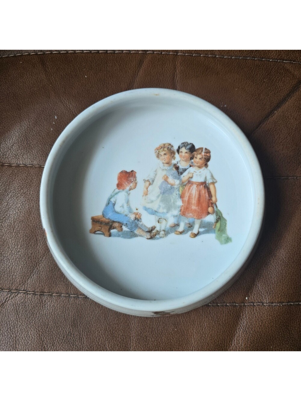 Vintage German Porcelain Nursery Plate Children Sitting Bench Red Germany Mark